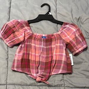 Old Navy Pink and Brown Plaid Puff-Sleeve Crop Top with Front Tie